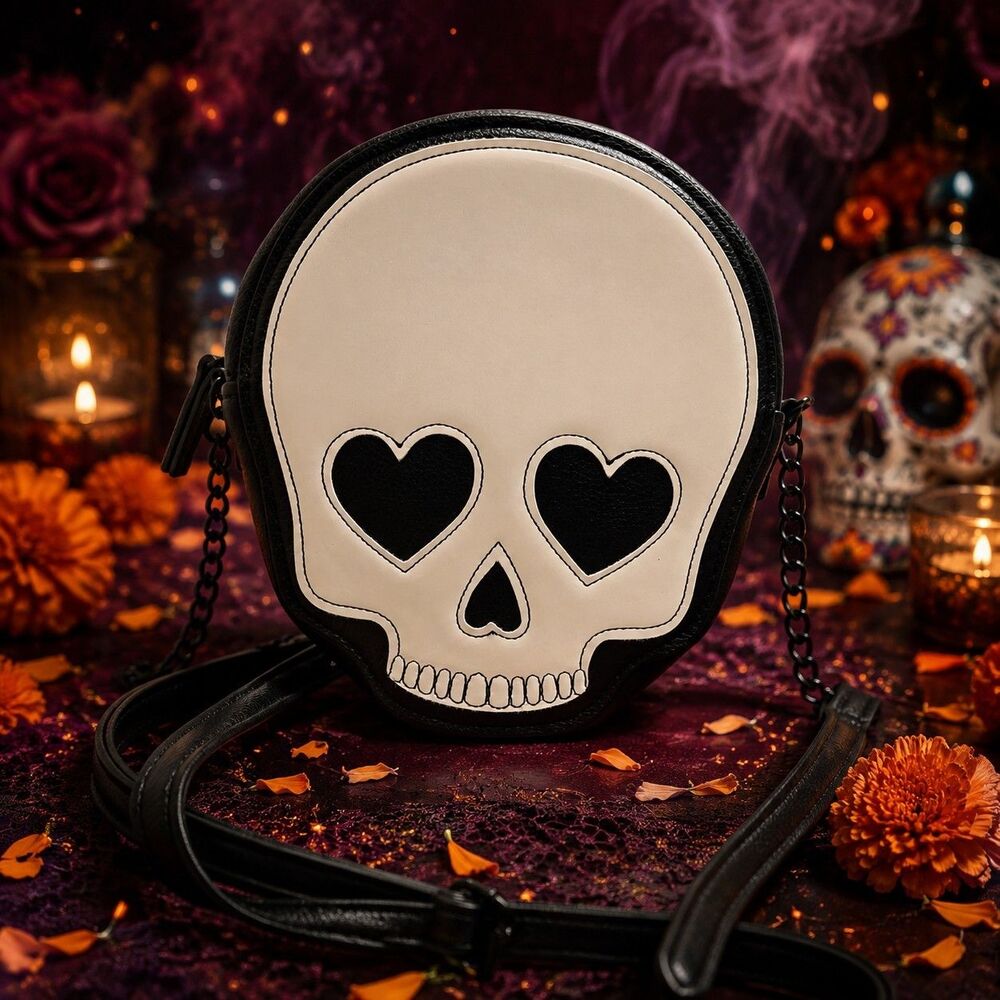 Black White Skull Heart Eyes Crossbody Purse Halloween Goth Day of the Dead